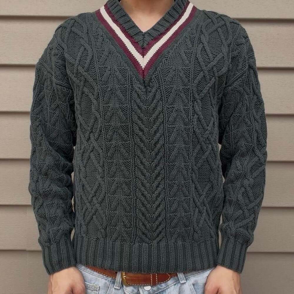 Vintage Regatta Sport Green Cable Knit V-Neck Sweater, XL — Old Money Style